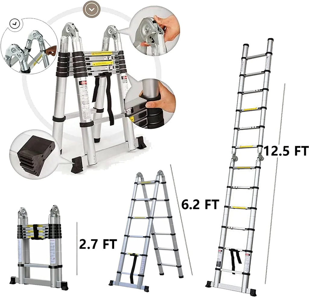 Telescoping Ladder 12.5 FT Aluminum Lightweight Compact Ladder with Stabilizer Bar, 330lb Load Capacity F62583