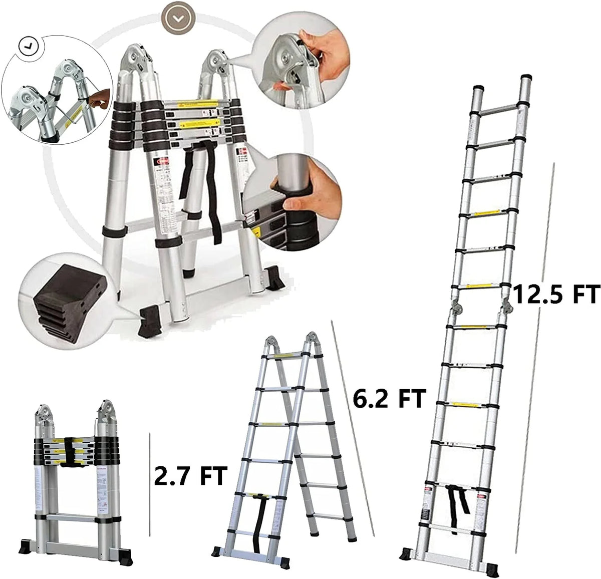 Telescoping Ladder 12.5 FT Aluminum Lightweight Compact Ladder with Stabilizer Bar, 330lb Load Capacity F62583