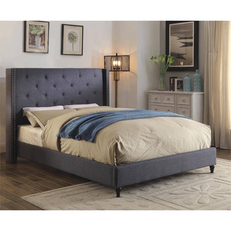 Blue Fabric and Wood Wingback California King Bed N5261