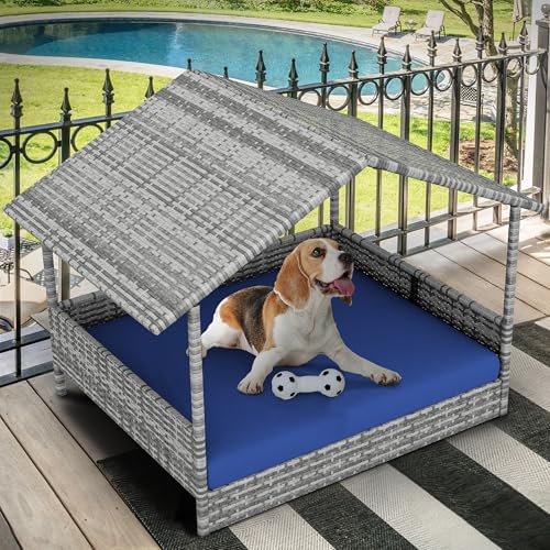 Large Wicker Dog House with Cushion and Canopy S611532