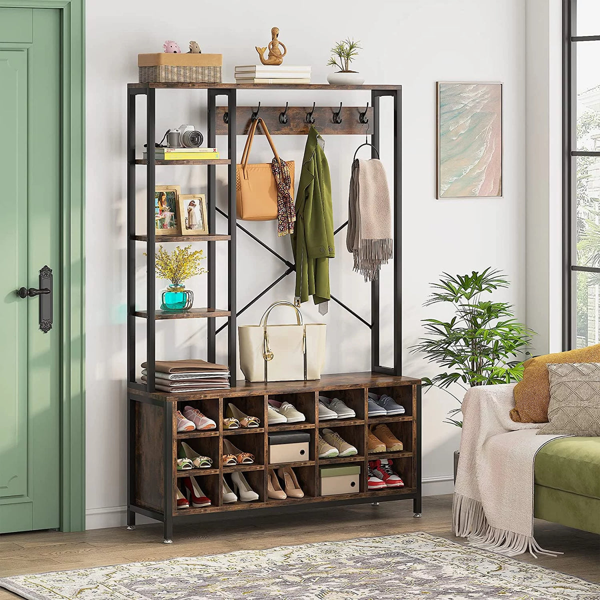 Industrial Hall Tree with Bench and Shoe Storage and Coat Rack X994