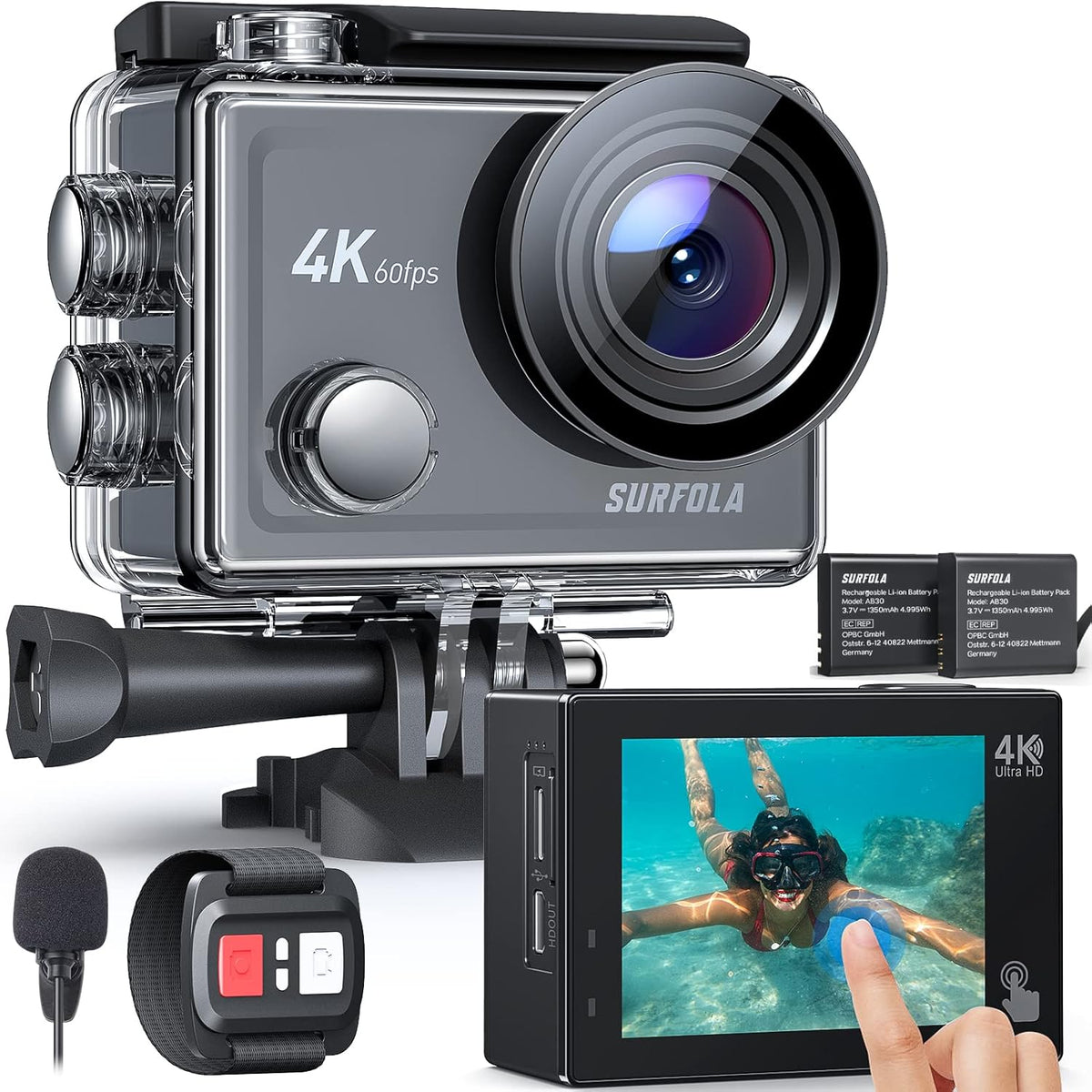 4K/60FPS Waterproof Action Camera with Touch Screen WiFi and 2X1350mAh Batteries X868739
