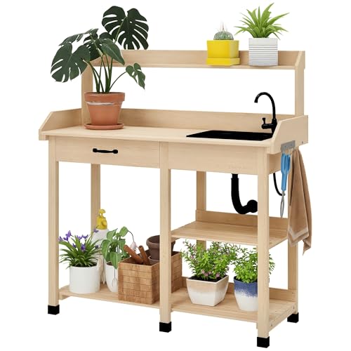Wooden Potting Bench Table with Sink and Drawer T6717