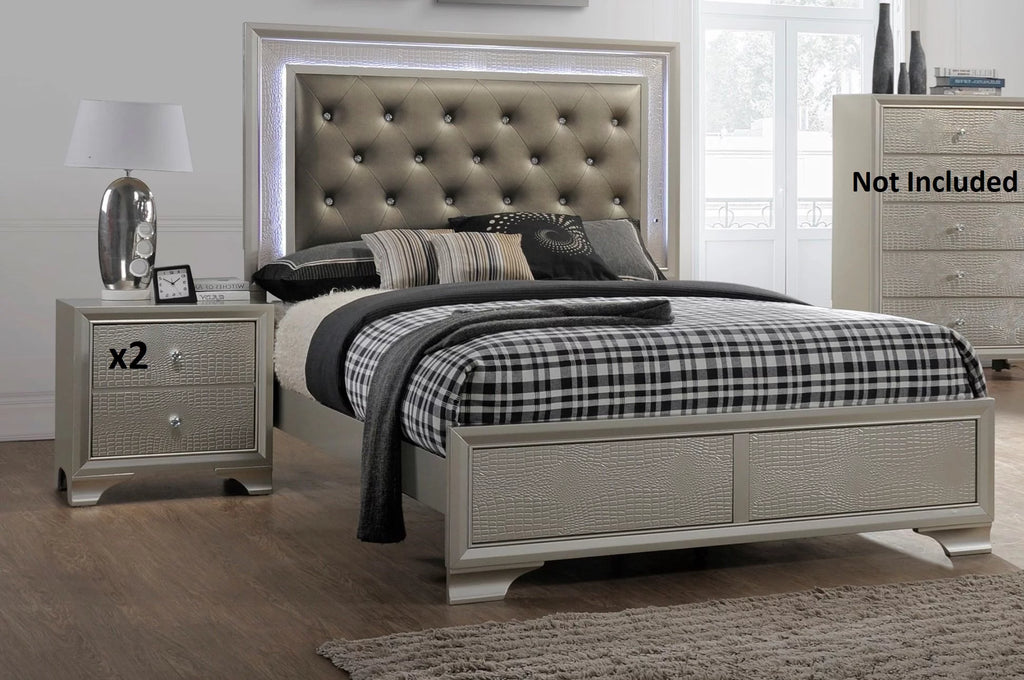 Champagne 3pc Full Size LED Bed and Storage Nightstand Wooden Bedroom Furniture Set R8846