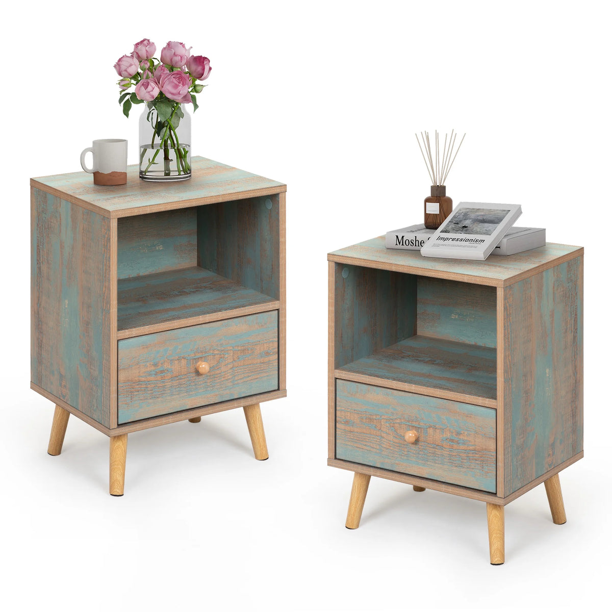 Set of 2 Wooden Nightstand with Drawer and Shelf P987