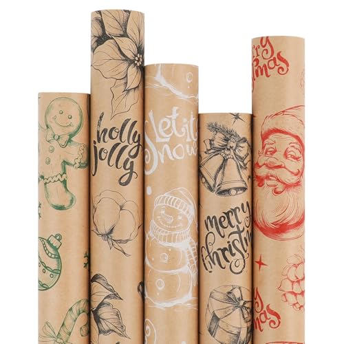 5 Rolls 17" x 120" Vintage Kraft Christmas Wrapping Paper Set L616