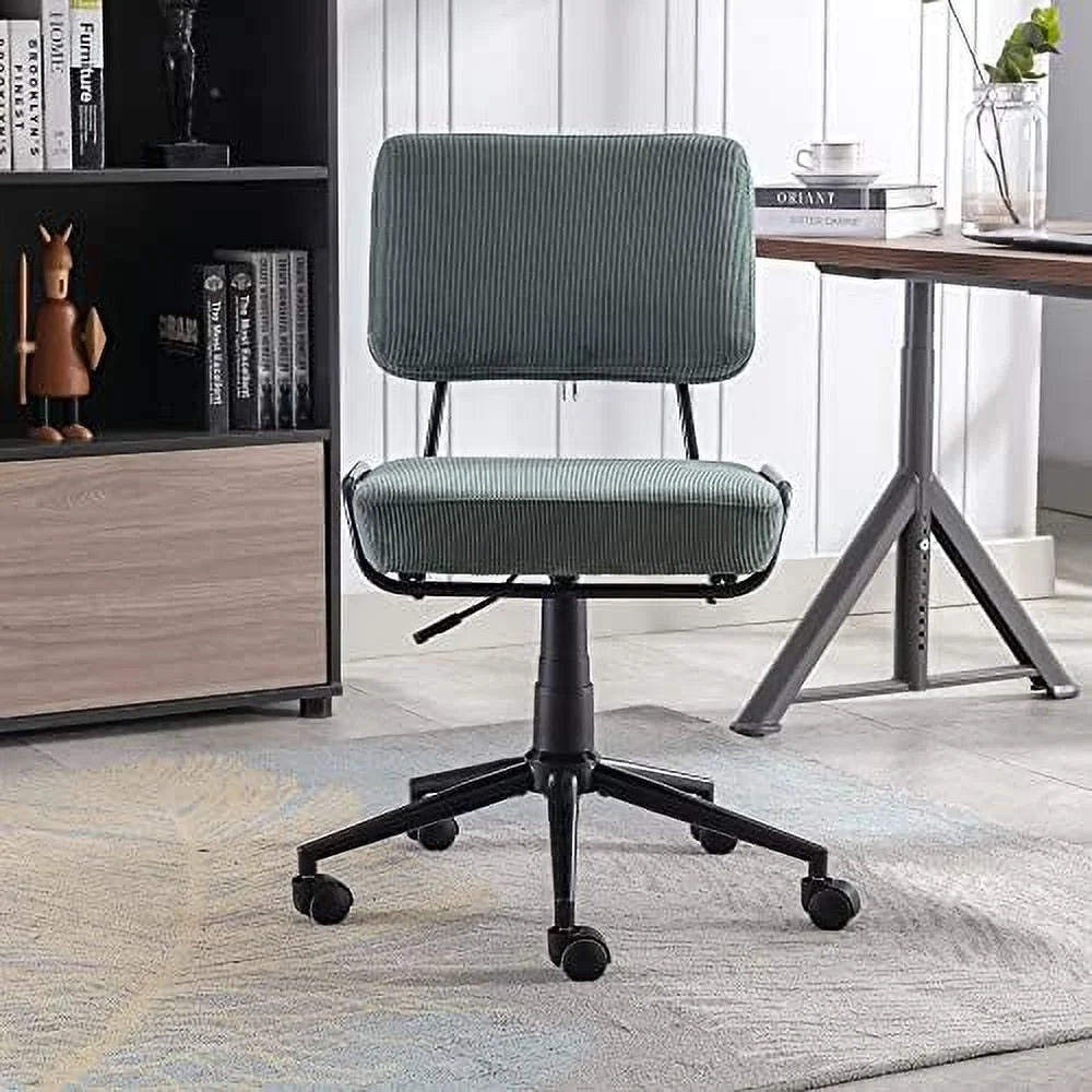 Corduroy Low Desk Chair Adjustable Height Armless Swivel Rolling Chair with Wheels White V910