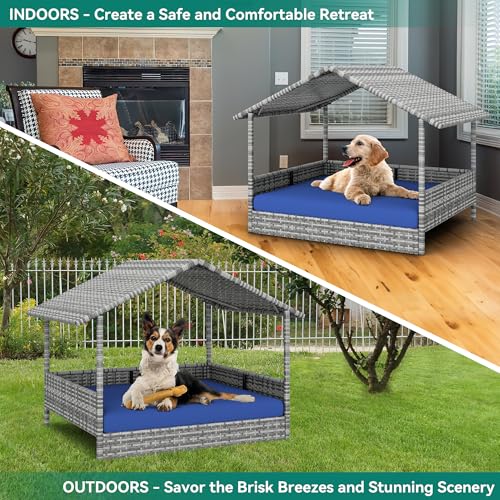 Large Wicker Dog House with Cushion and Canopy S611532