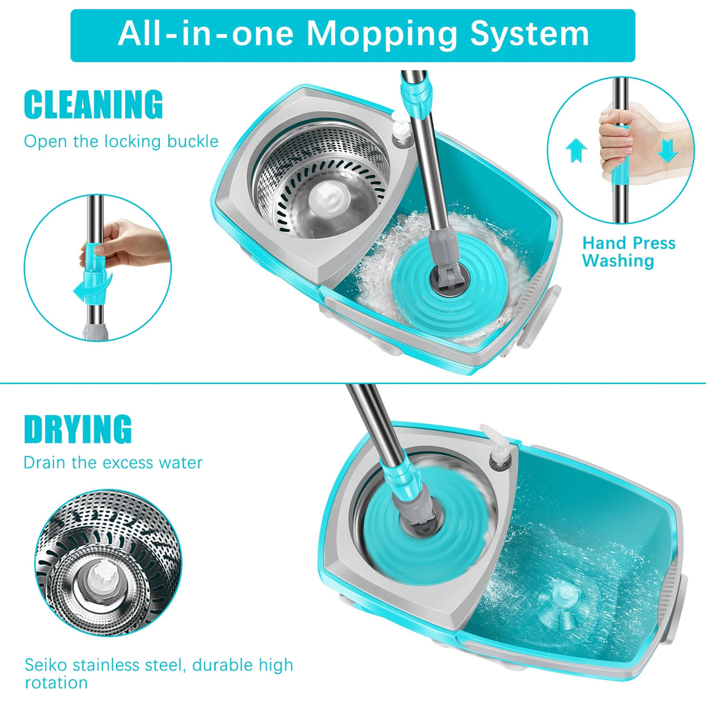Spin Mop Bucket System Stainless Steel with 6 Microfiber Replacement Head Refills, 61" Extended Handle M1899