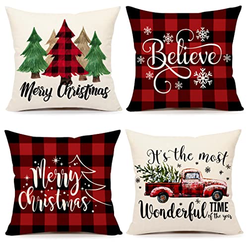 Buffalo Check 18x18 Set of 4 Red Black Throw Pillow Covers D55263