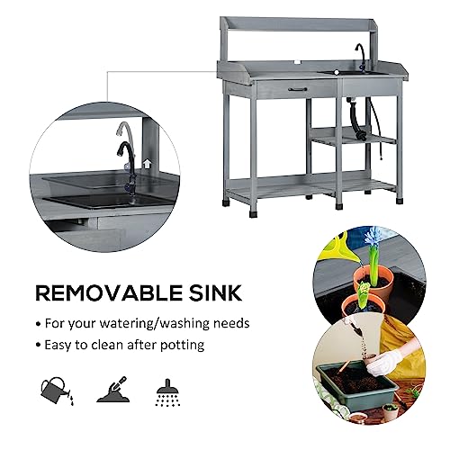 Wooden Potting Bench Table with Sink and Drawer T6717