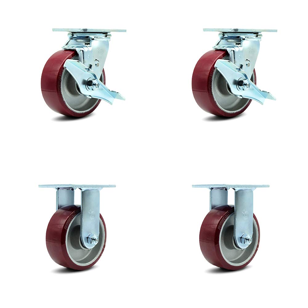 Rigid Top Plate Caster with 6" x 2" Maroon Wheel, 1200 lbs Capacity, Pack of 2 B306