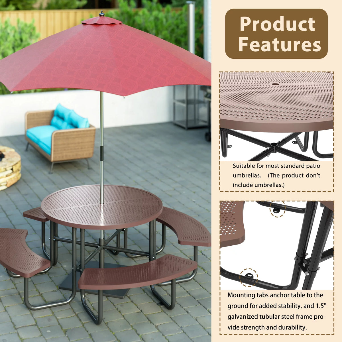 46'' Steel Round Picnic Table with Umbrella Hole C796