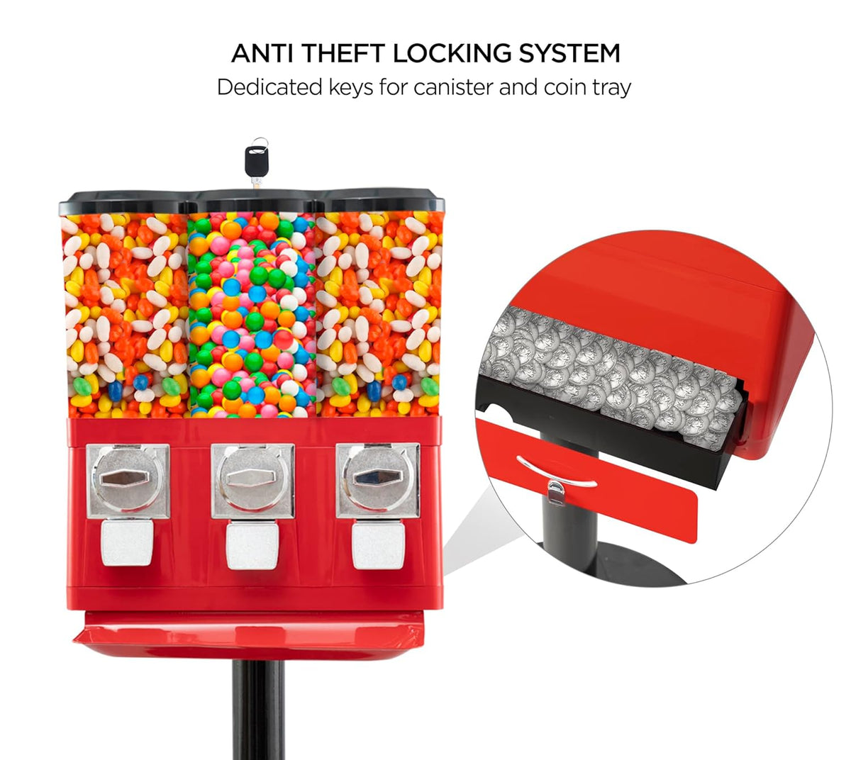 Triple Candy Vending Machine with 3 Removable Canisters and Quarter Coin Operated Anti-Theft Lock T73521