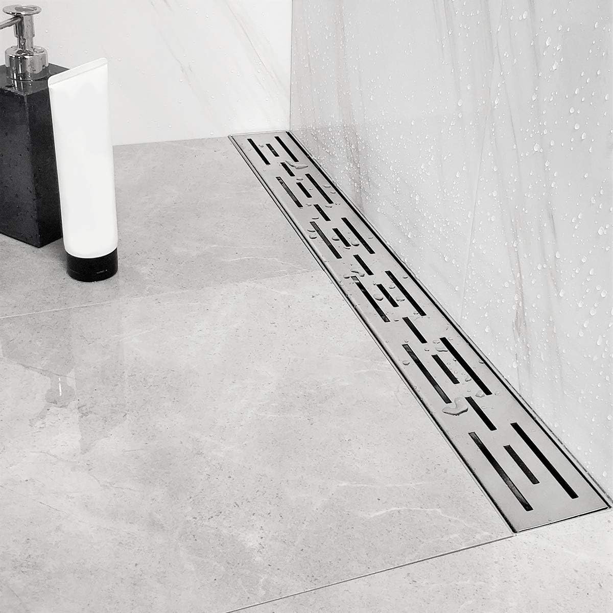 24 in Rectangular Linear Shower Drain with Brickwork Pattern Grate, Brushed 304 Stainless Steel, Black Pack of 2 A32596