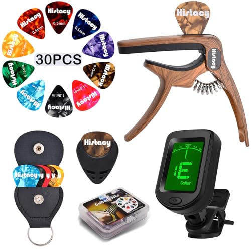 Guitar Accessories Kit with Clip On Tuner, 3 in 1 Capo, 30 Picks, Pick Holder, Leather Plectrum Pouch Keyring & Storage Case J1720