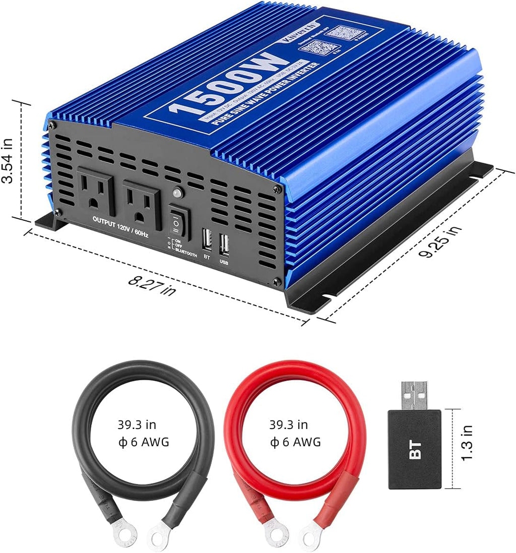 1500W Pure Sine Wave Power Inverter 12V DC to 110V AC with Bluetooth I488663