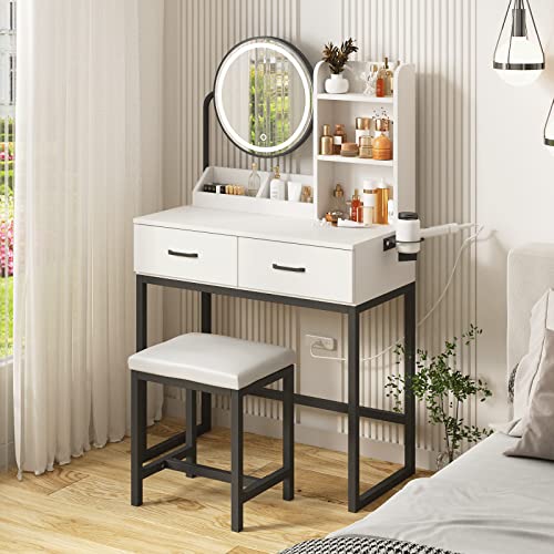 White Vanity Desk with Round Mirror and Lights, Brown and Black, 15.75 * 31.5 * 53.6in L54848