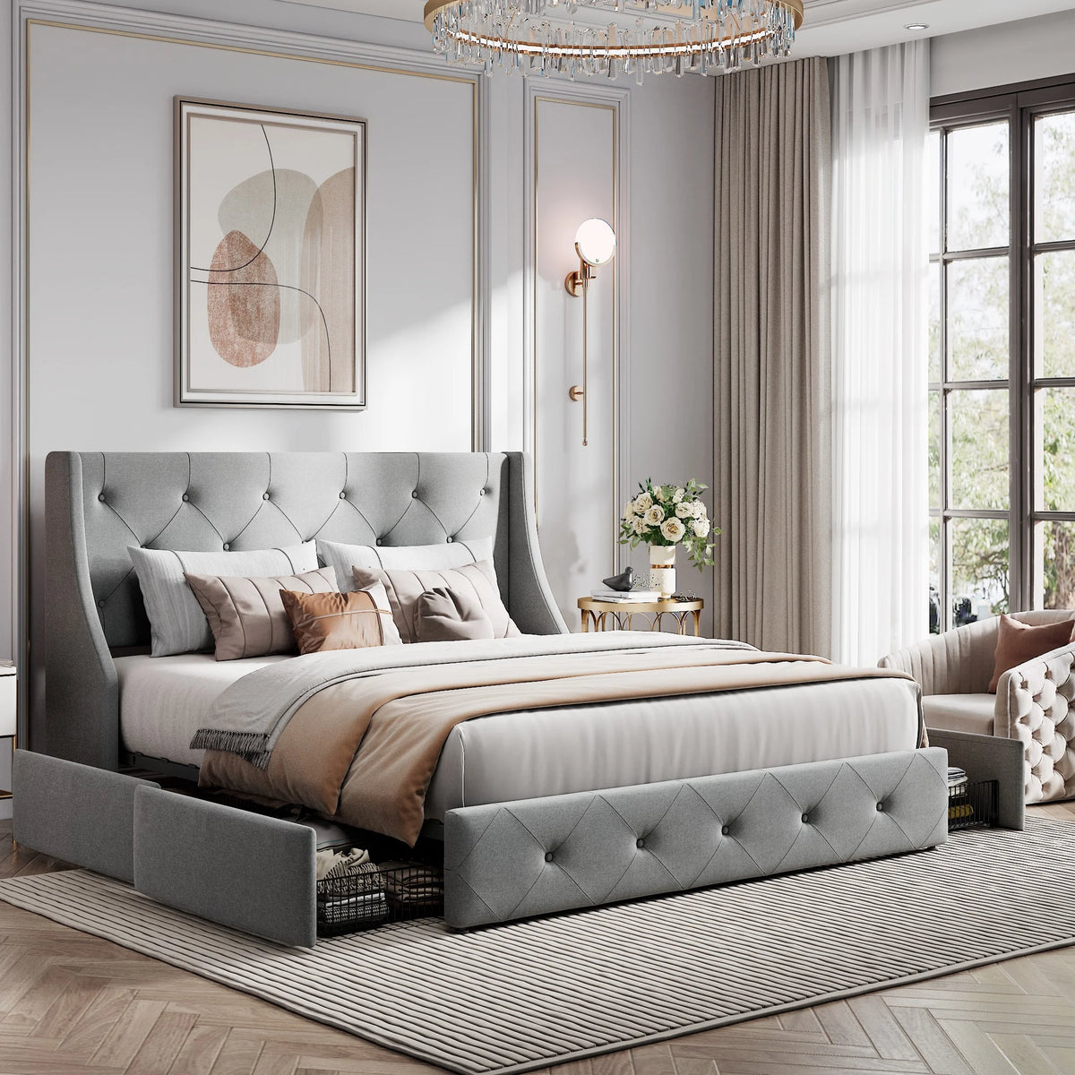 Queen Size Platform Bed Frame with 4 Storage Drawers X866671