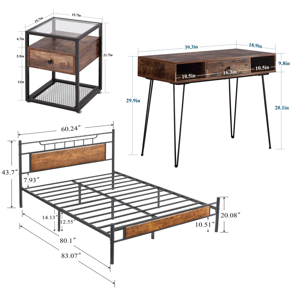 4-Piece Bedroom Set with Queen Bed Frame, Cosmetic Table, Two Nightstands, Brown B91700