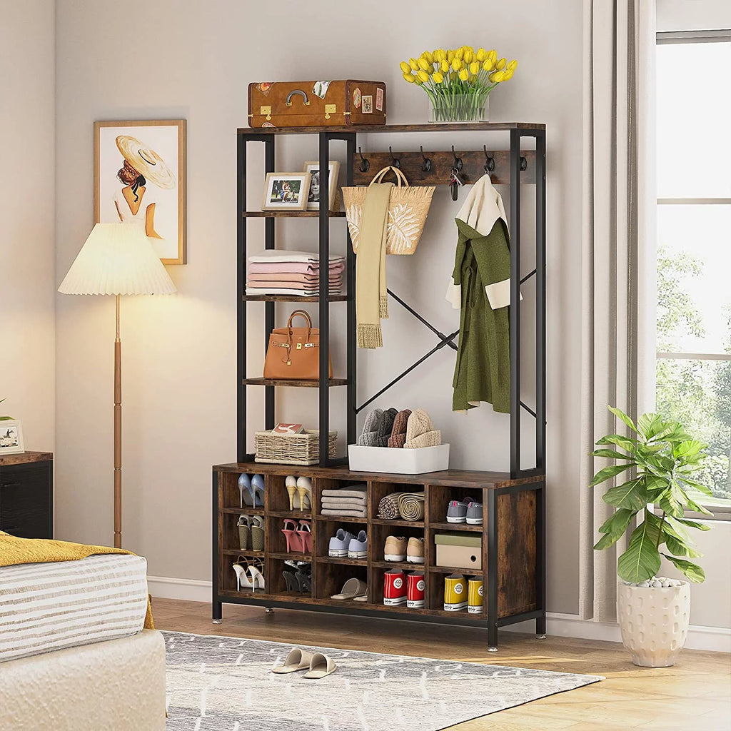 Industrial Hall Tree with Bench and Shoe Storage and Coat Rack X994