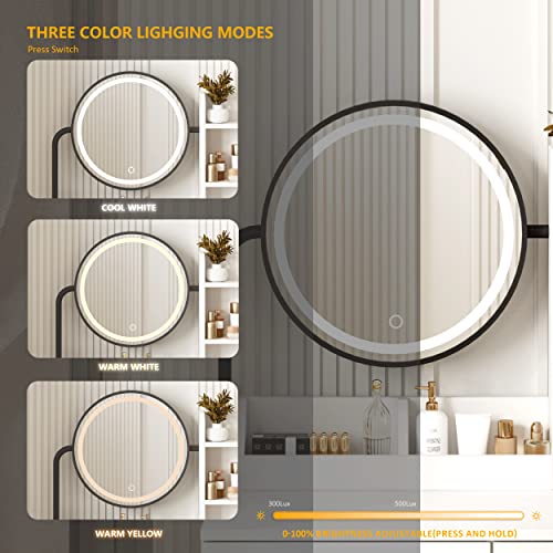 White Vanity Desk with Round Mirror and Lights, Brown and Black, 15.75 * 31.5 * 53.6in L54848