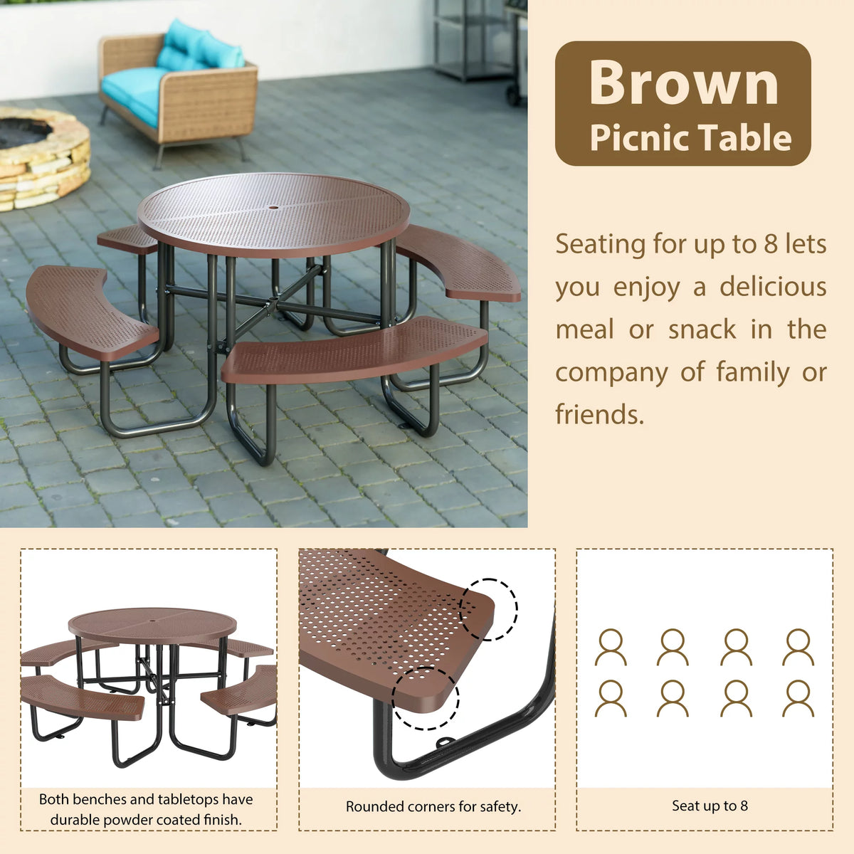46'' Steel Round Picnic Table with Umbrella Hole C796