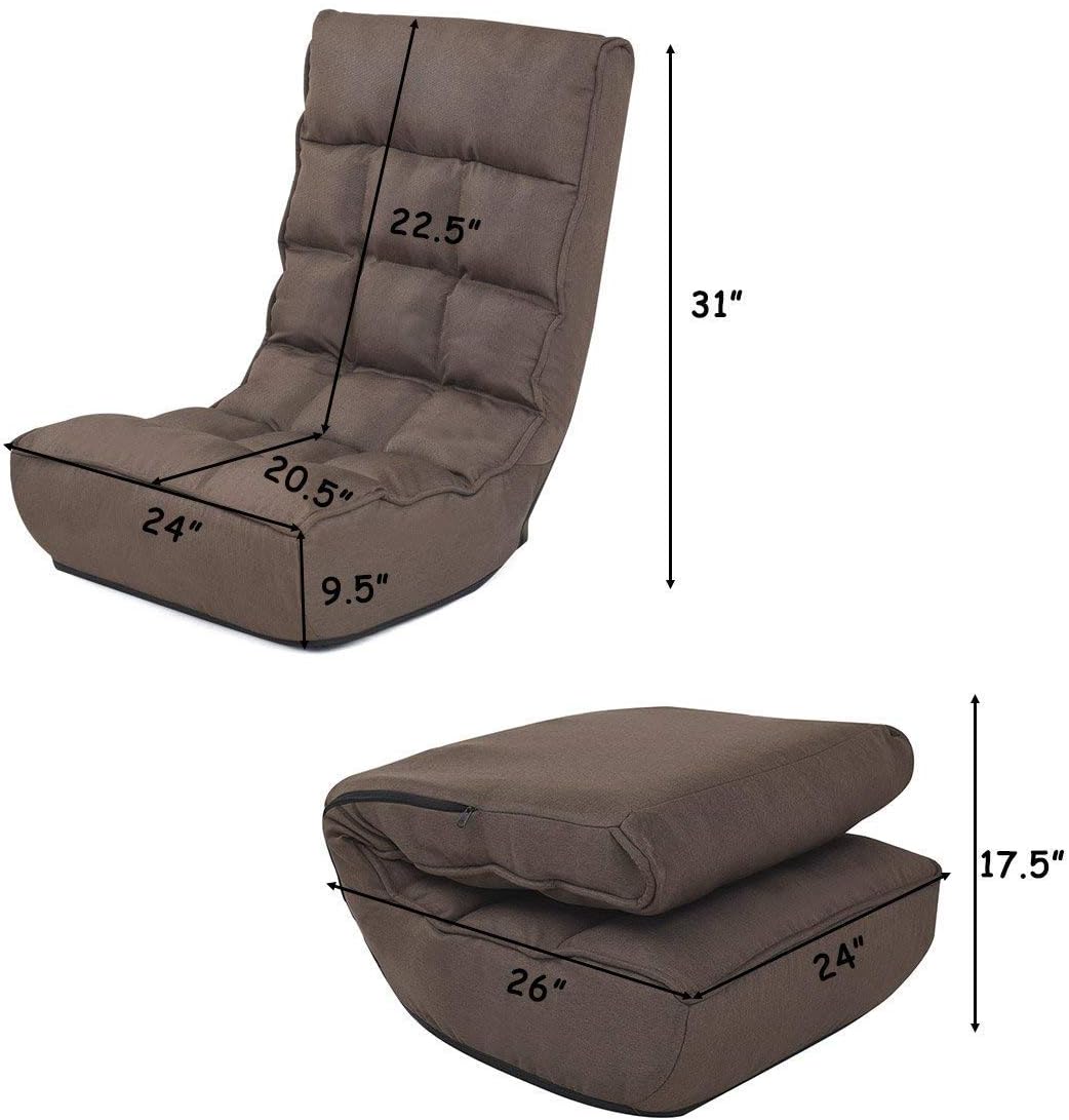Brown Floor Chair Sleeper 4-Position Adjustable Angle Folding Lazy Sofa Cushioned Couch Lounger R887
