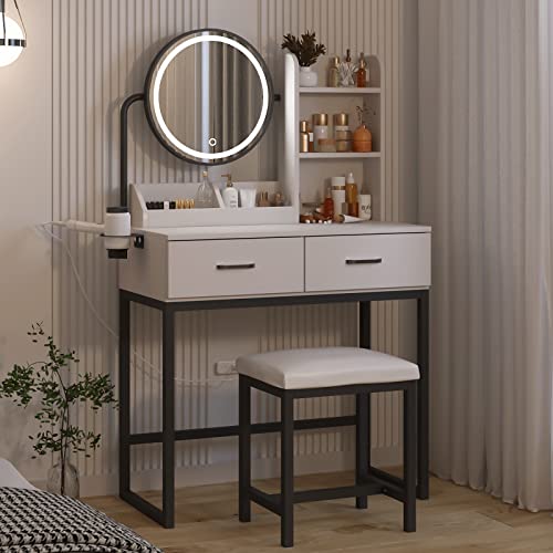 White Vanity Desk with Round Mirror and Lights, Brown and Black, 15.75 * 31.5 * 53.6in L54848