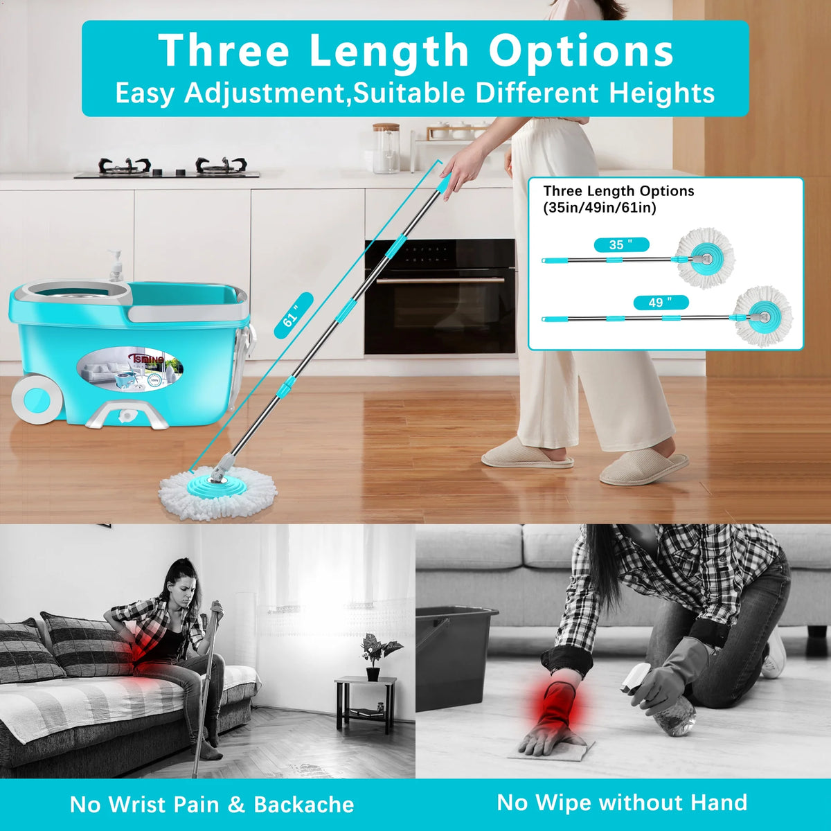 Spin Mop Bucket System Stainless Steel with 6 Microfiber Replacement Head Refills, 61" Extended Handle M1899