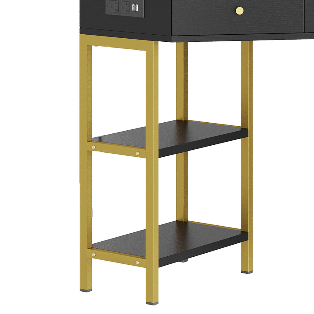 Black Corner Vanity Desk with Mirror and 6 Drawers R439
