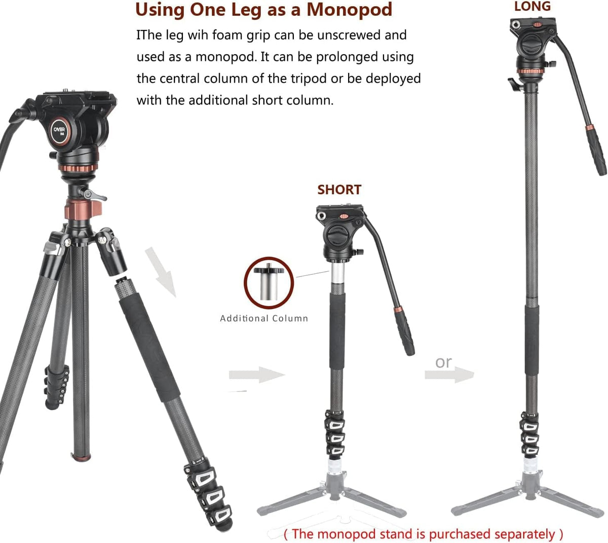 67 inches Carbon Fiber 4-Section Video Tripod with Fluid Drag Head X9635