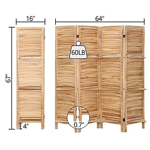 4 Panel Wooden Room Divider with Shelves (Deep Brown) Q65876