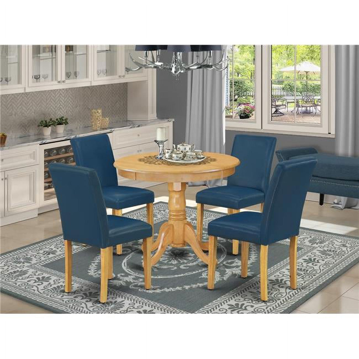 5 Piece Antique Round Table and 4 Parson Chair with Oak Leg and Pu Leather K16333