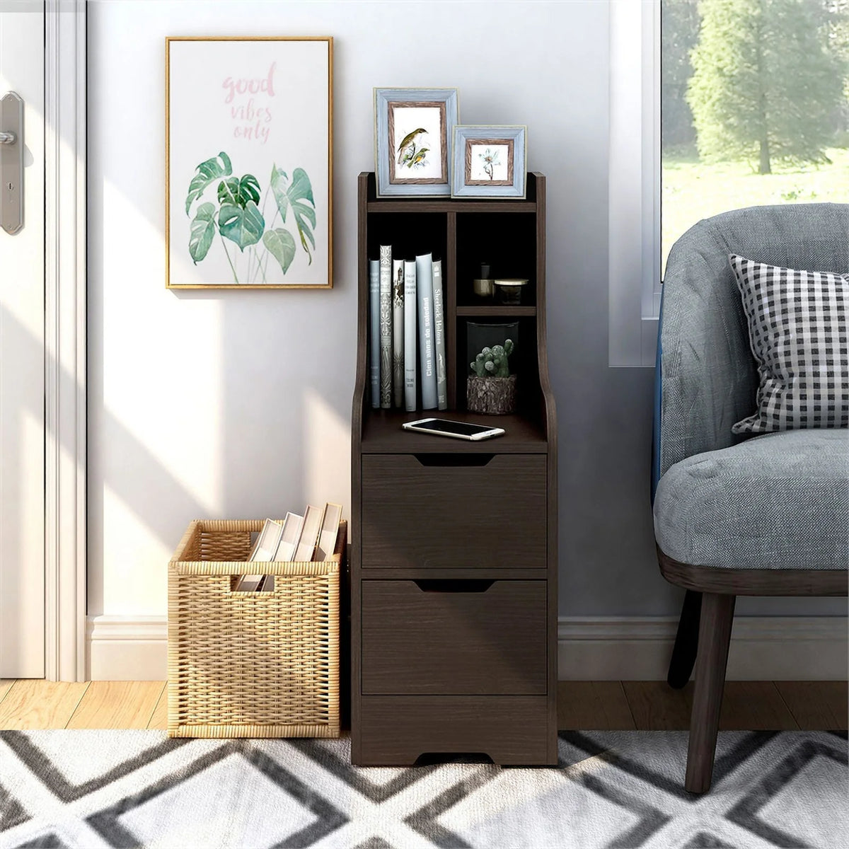 Walnut Wood 2-Drawer Nightstand with Open-Shelf X359