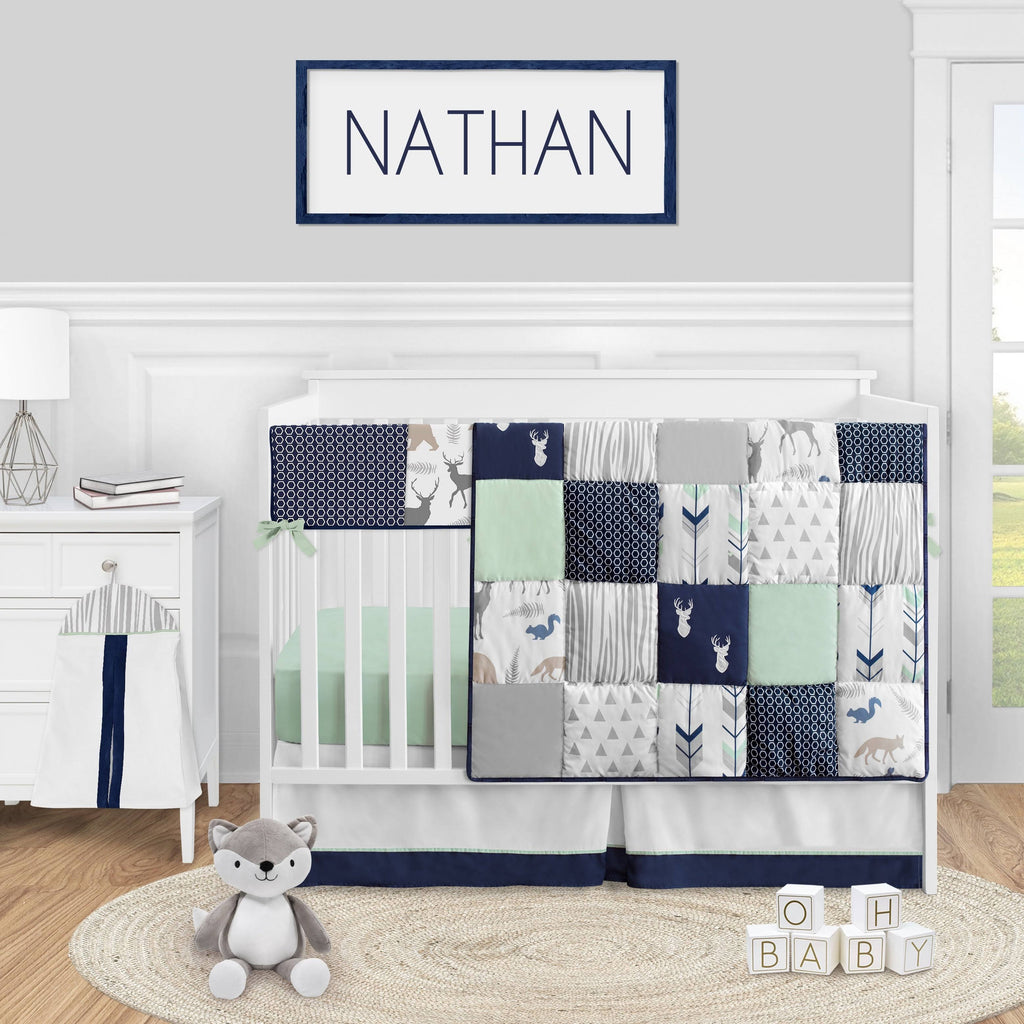 Navy Blue Mint and Grey 5 Pieces Crib Bedding Set S6393