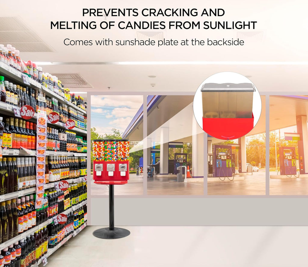 Triple Candy Vending Machine with 3 Removable Canisters and Quarter Coin Operated Anti-Theft Lock T73521