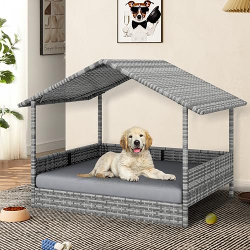 Large Wicker Dog House with Cushion and Canopy S611532