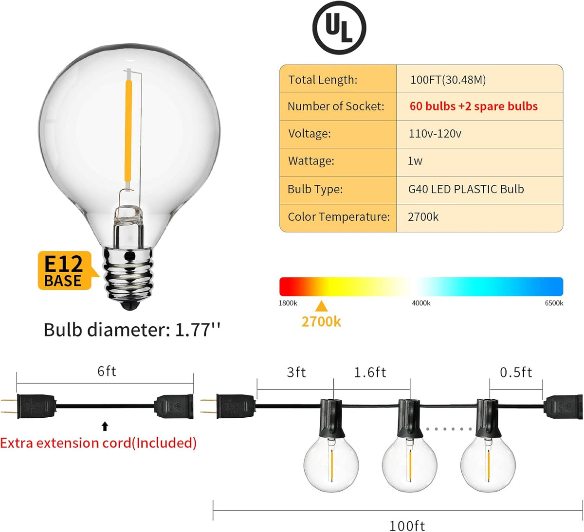 100ft 62 Dimmable G40 LED Clear Bulbs Waterproof Globe String Lights H8738