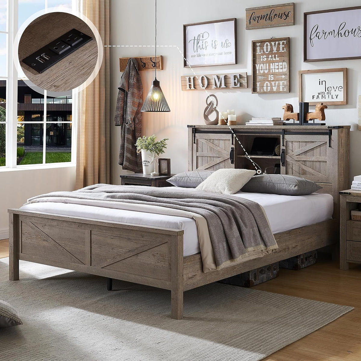 Full Platform Bed with Bookcase Headboard and Charging Station H82562
