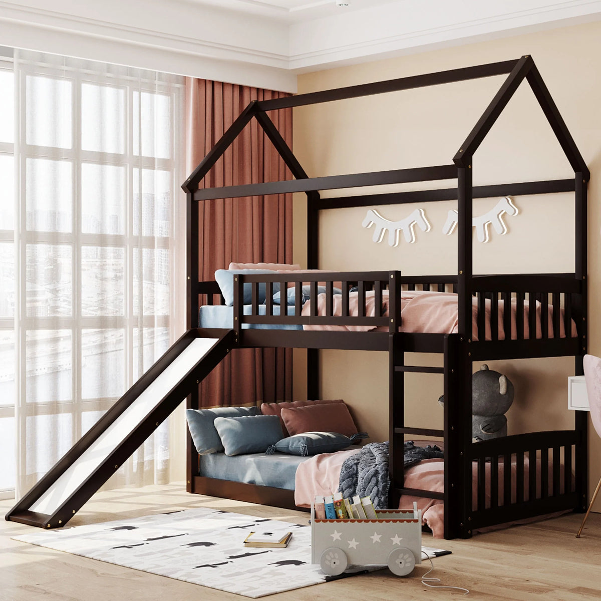 Wood Twin Over Twin Bunk Bed with Slide and Roof X309