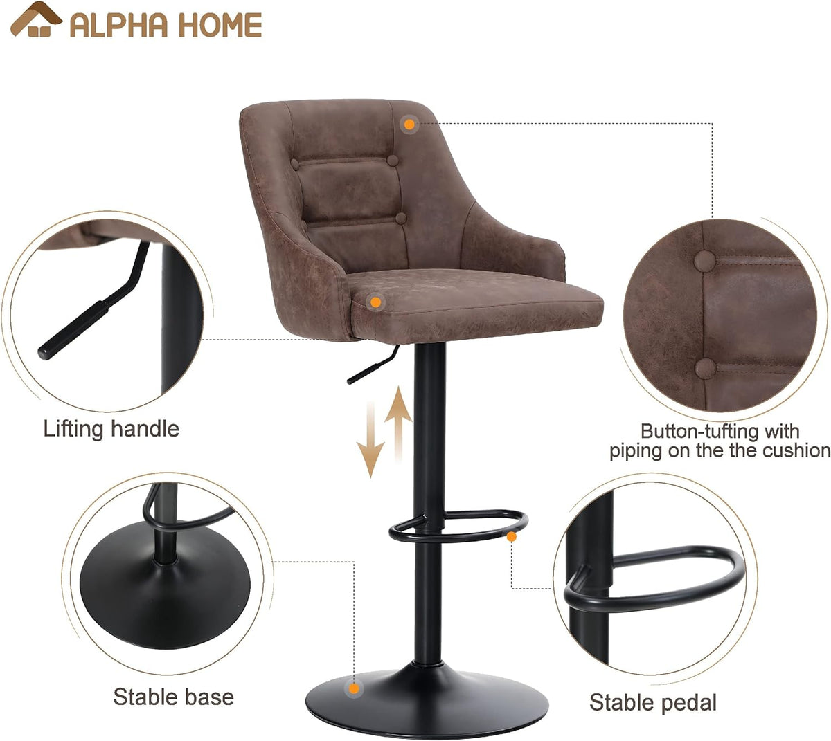 Brown PU Leather Adjustable Swivel Bar Stool with Padded Back Q2474