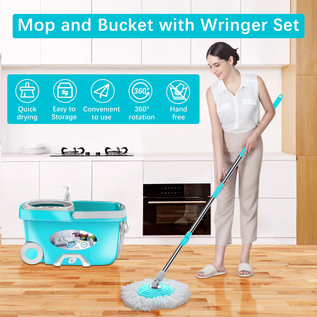 Spin Mop Bucket System Stainless Steel with 6 Microfiber Replacement Head Refills, 61" Extended Handle M1899