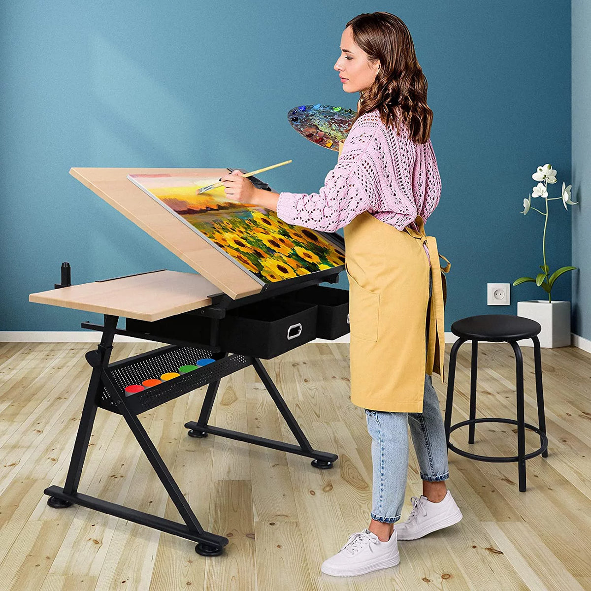 Height Adjustable Drafting Table with Stool and Storage Drawer A897240