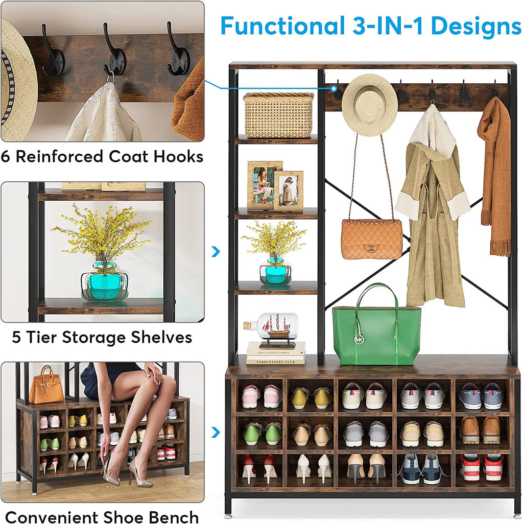 Industrial Hall Tree with Bench and Shoe Storage and Coat Rack X994
