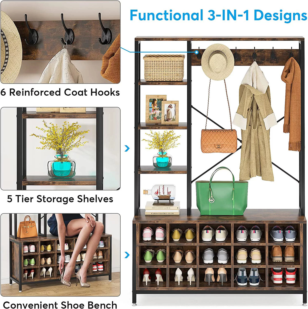 Industrial Hall Tree with Bench and Shoe Storage and Coat Rack X994