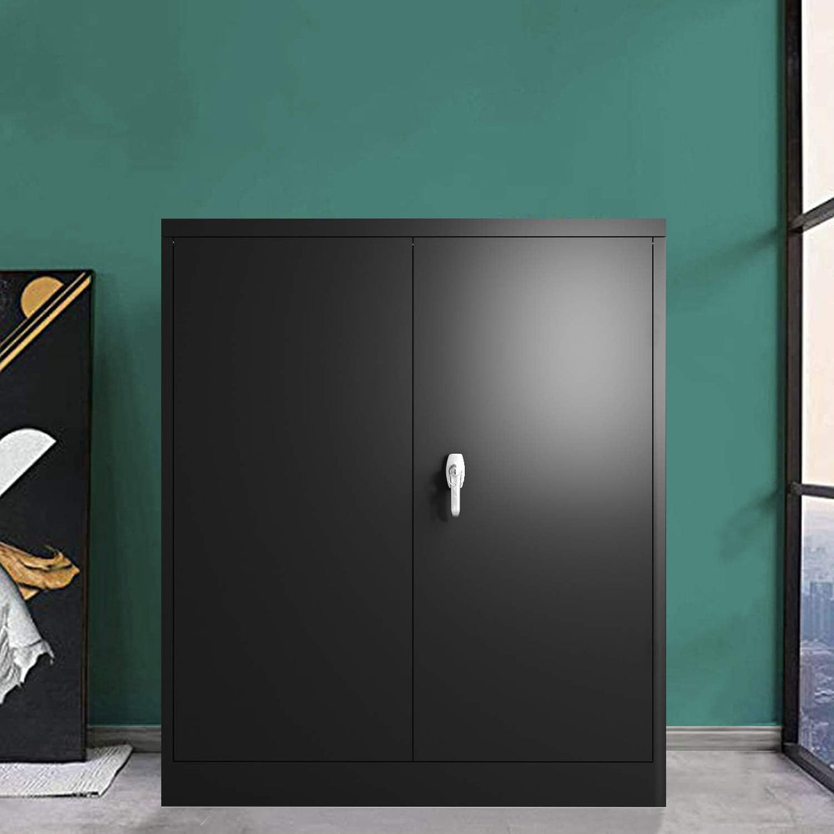 Black 42" Steel Storage Cabinet with 2 Adjustable Shelves and 2 Doors V88940