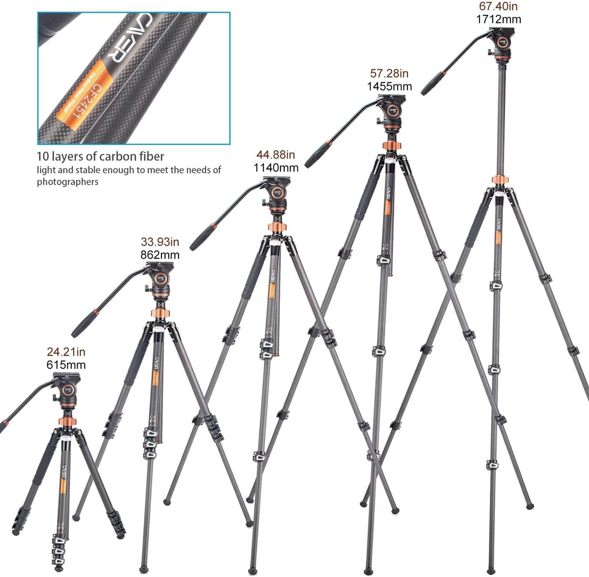 67 inches Carbon Fiber 4-Section Video Tripod with Fluid Drag Head X9635