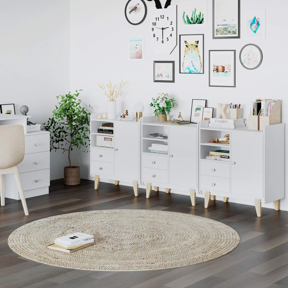 White Wooden Floor Storage Cabinet with Door and Drawers B9293