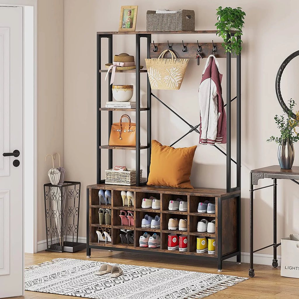 Industrial Hall Tree with Bench and Shoe Storage and Coat Rack X994